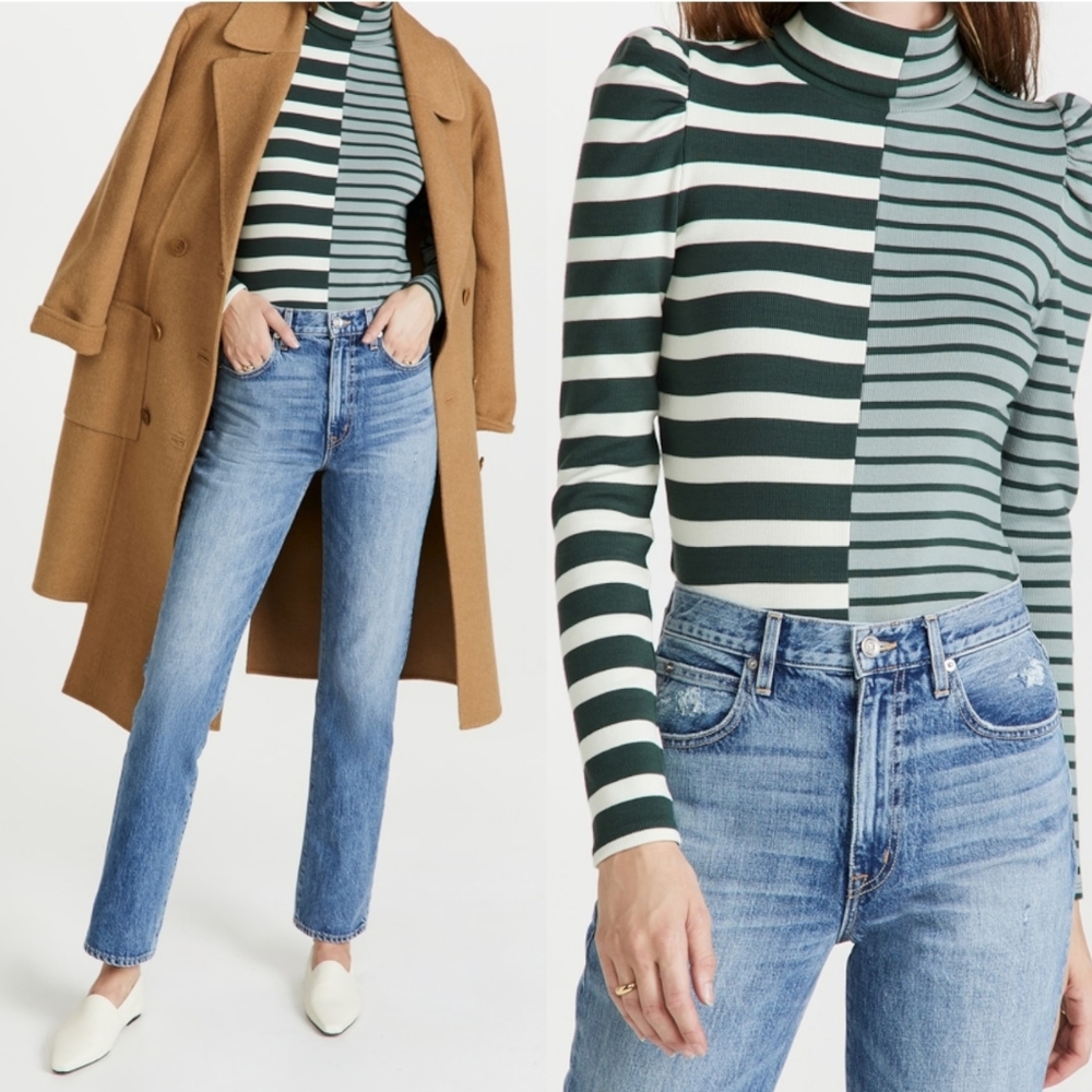 Veronica Beard Striped Turtleneck Sweater in Green and White